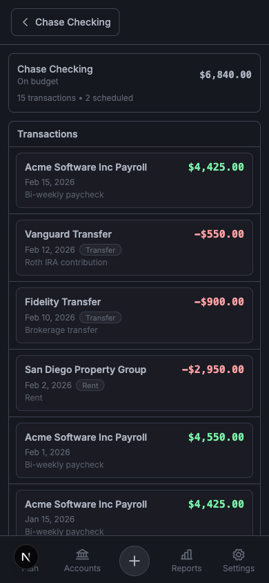 AnyBudgets mobile accounts screen